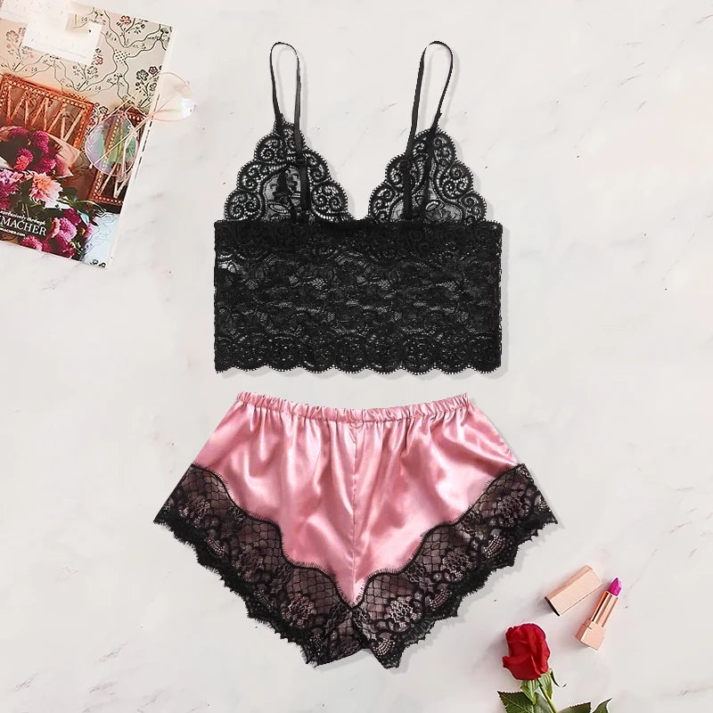 WomensOneStopShop™ 2 Pcs Women's New Sexy Lace See-Through Pajamas