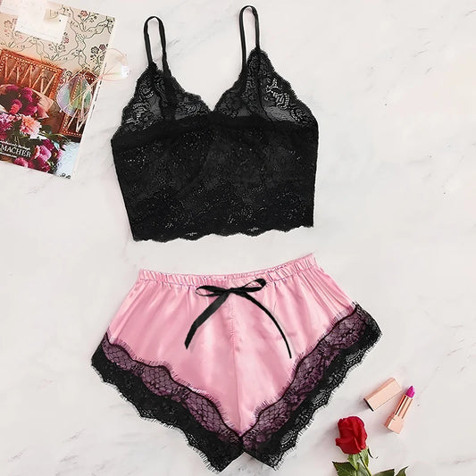 WomensOneStopShop™  2 Pcs Women's New Sexy Lace See-Through Pajamas