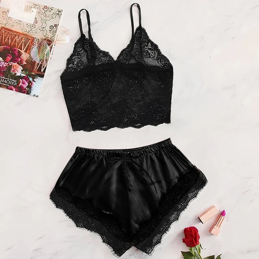 WomensOneStopShop™  2 Pcs Women's New Sexy Lace See-Through Pajamas